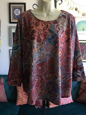 ALFRED DUNNER size 2X Rust Blue & Brick Red Paisley Print Stretch 3/4 Sleeve Top